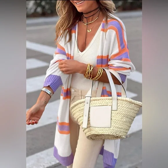 Striped Purple and Orange Women's Cardigan Knit Sweater size XL (16) - Picture 2 of 7